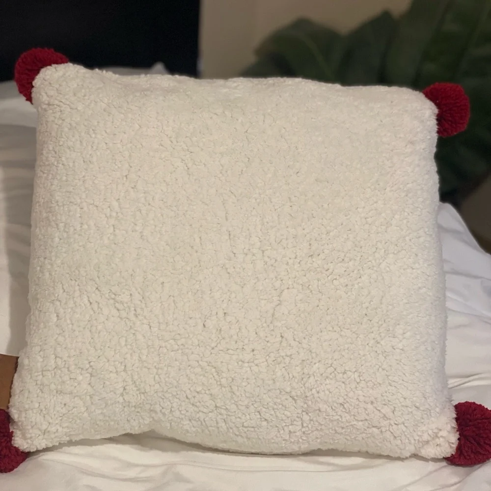 Dearfoams Bear Hug Pillow with Pom Poms, 20" × 20", Sherpa - Picture 5 of 5